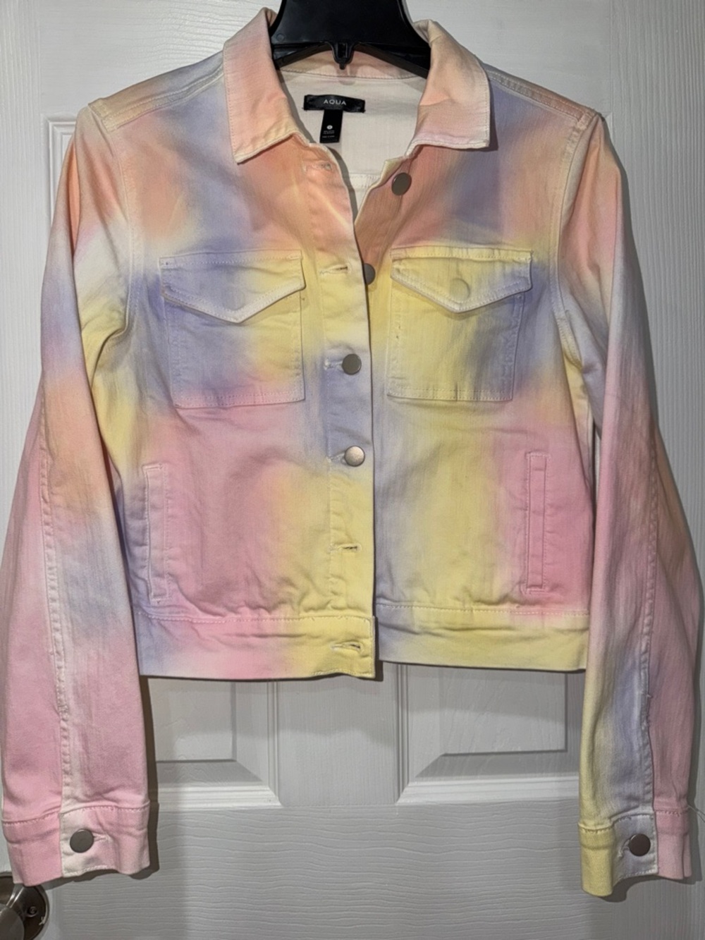 Aqua Pastel Tie-Dye Stretch Denim Jacket in Pink, Yellow, Lavender